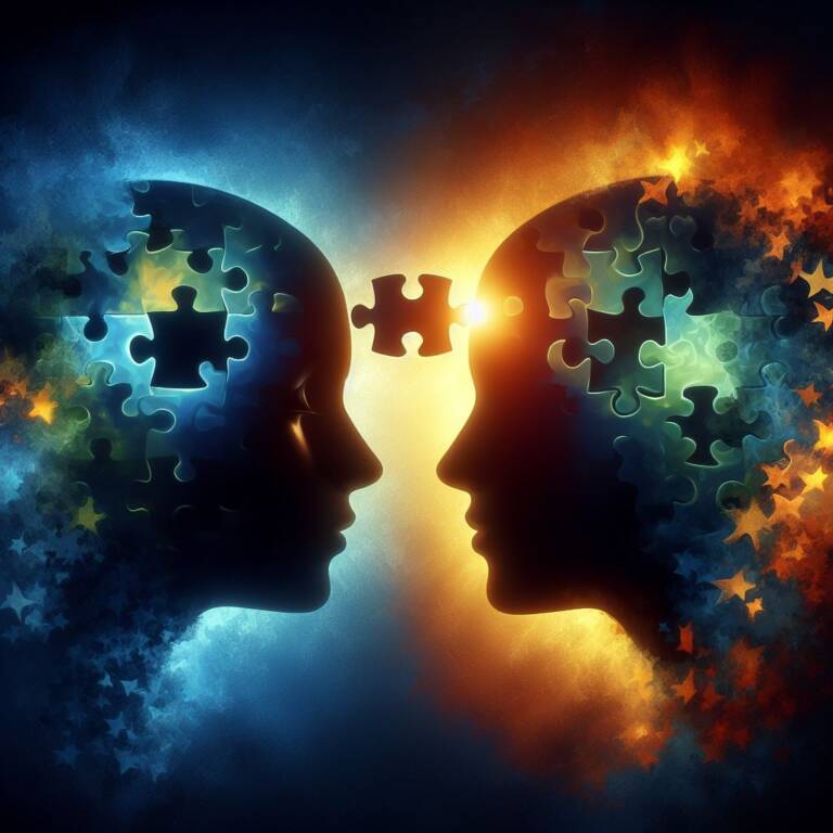 2 silhouette faces in profile connected through puzzle pieces between leadership justice truth space jigsaw connection friendship contrast different dynamic personality dichotomy