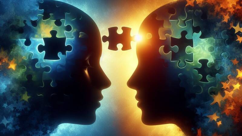 2 silhouette faces in profile connected through puzzle pieces between leadership justice truth space jigsaw connection friendship contrast different dynamic personality dichotomy