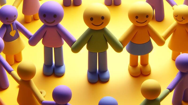 COMMUNITY support and close bonds of friendship yellows and purples claymation unity help tzedakah chessed kindness neighbors