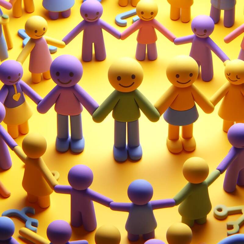COMMUNITY support and close bonds of friendship yellows and purples claymation unity help tzedakah chessed kindness neighbors