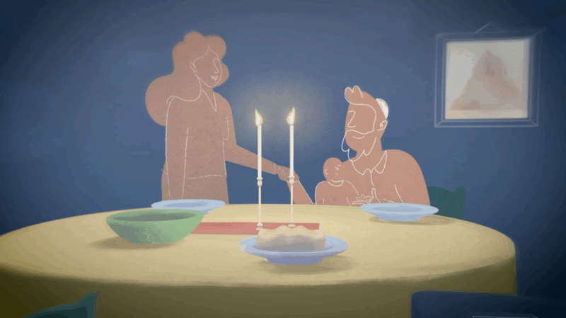 Shabbat family connection at friday night lights scene animation on midrash bridge