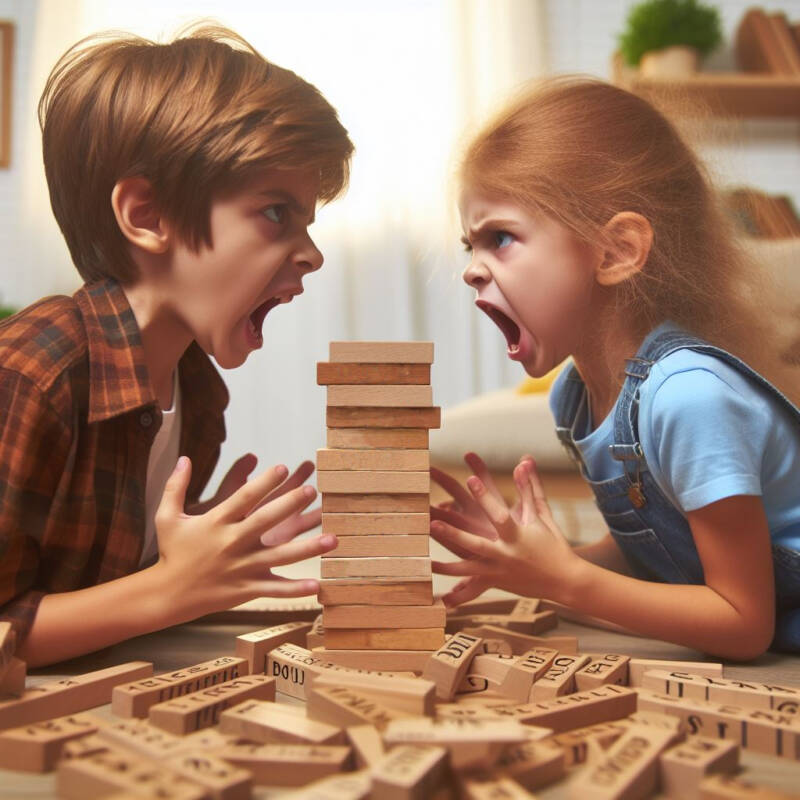 Sibling rivalry arguing speech therapy vayeshev shouting bickering brother sister children boy girl jenga words disagreement row temper tantrum fight confrontation conflict