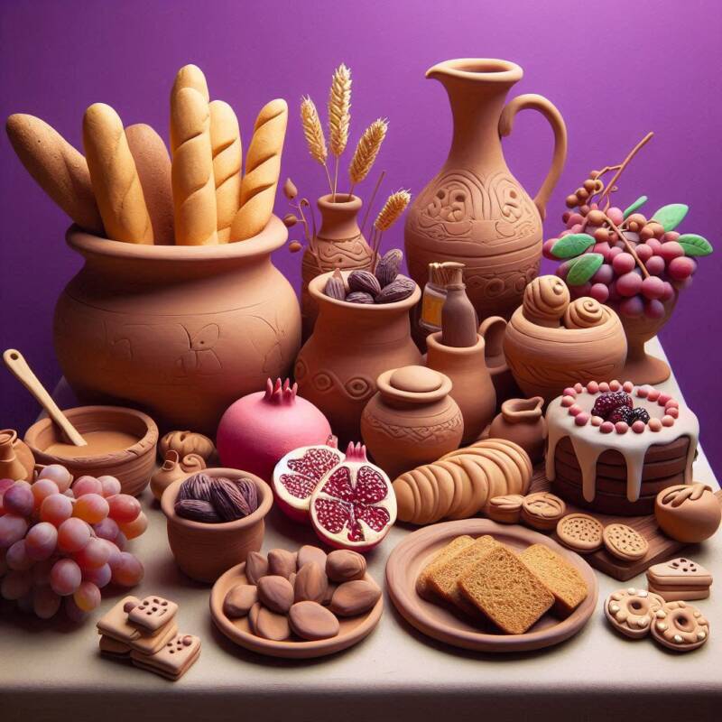 a table of food including bread pomegranates grapes cake dates figs cookies wine