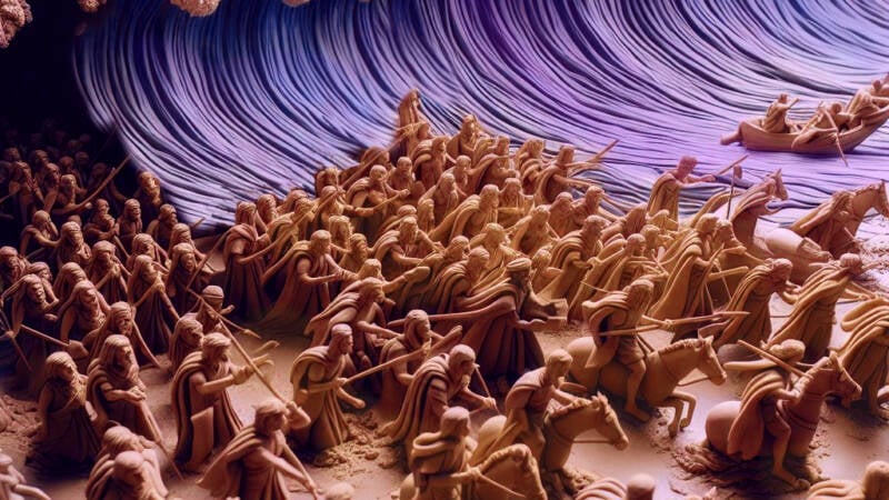 beshallach egyptians mizrim in the splitting of the red sea drowning claymation chariots horses soliers armies