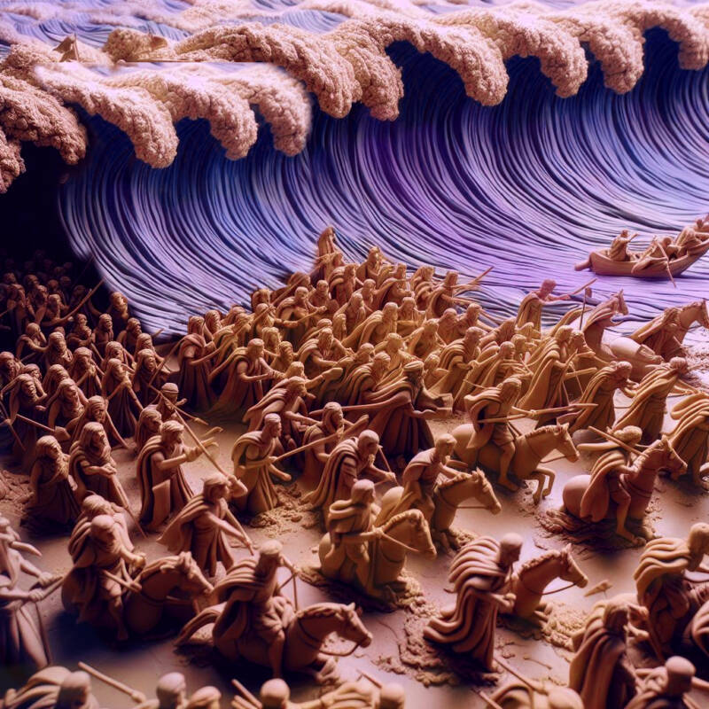 beshallach egyptians mizrim in the splitting of the red sea drowning claymation chariots horses soliers armies