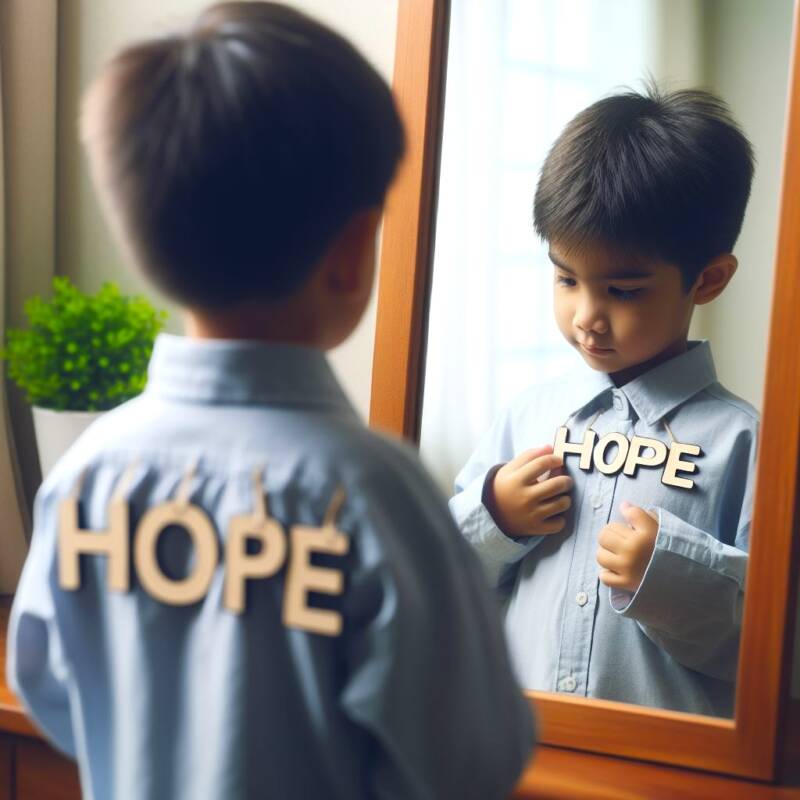 child looking in the mirror with hope positive affirmations support self talk lashon tov reflection boy self belief 1