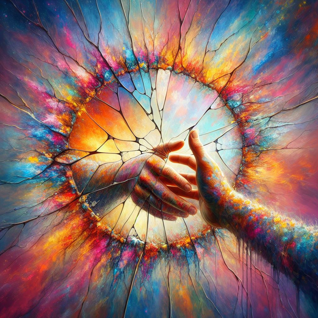cracked mirror reflecting an act of kindness colourful hands shattered broken tikkun olam friendship reaching out