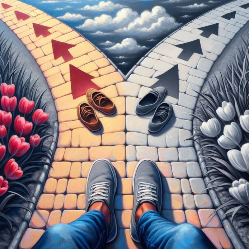 feet shoes choosing between right wrong path decision mistake choice dilemma