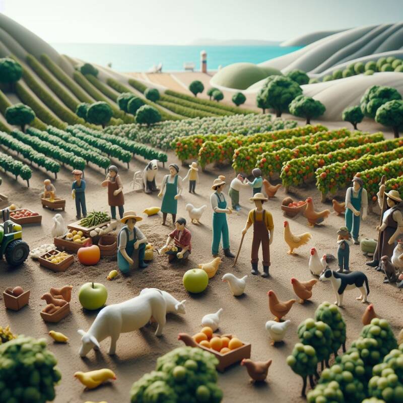 kibbutz saza claymation farm team of people working in orchards vineyards and fields of crops with dairy farming and poultry