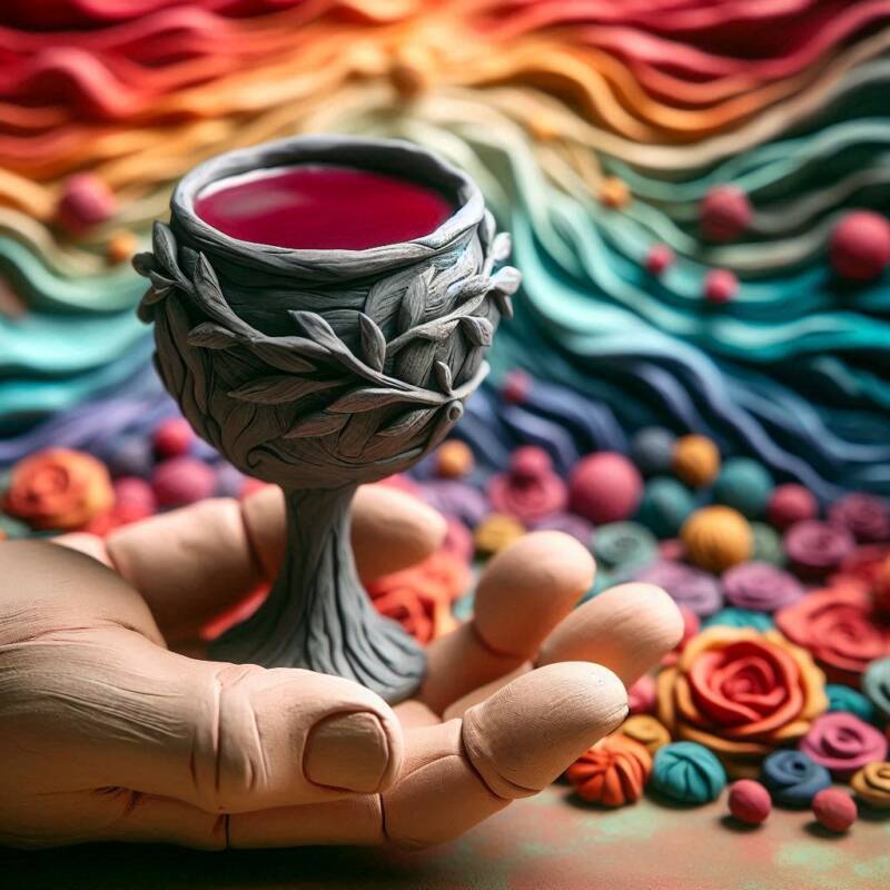 kiddush cup in hand with Shabbat wine in silver goblet claymation