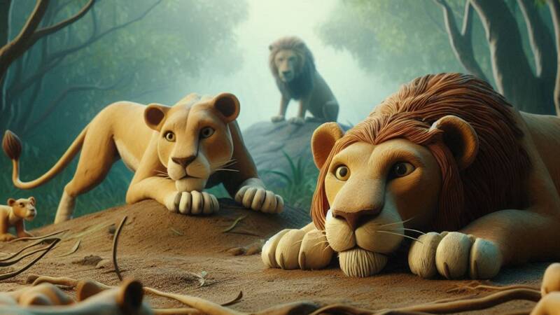 lion and lioness crouching hunting ready to rise up and pounce in the jungle