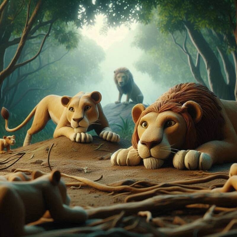 lion and lioness crouching hunting ready to rise up and pounce in the jungle