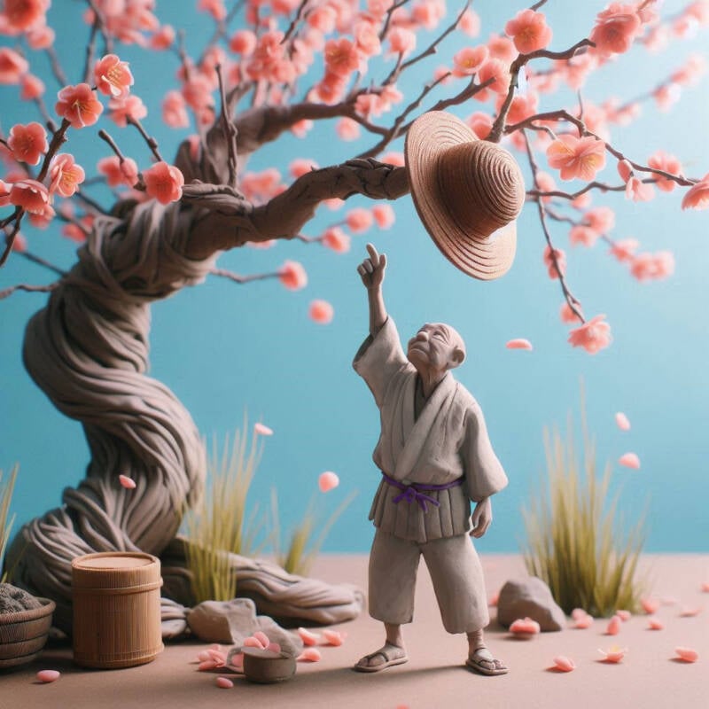 magical cap man reaching up cherry blossom tree story japan