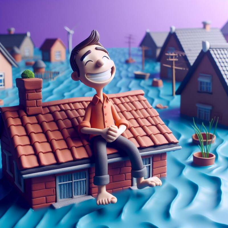 man sitting on rooftop as his house floods faith in claymation waiting for a sign in the going swimmingly story