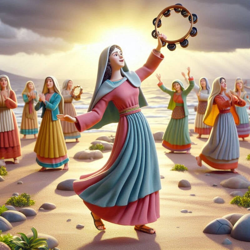 miriam with her tambourine leads the women in dancing at the yam suf in gratitude thanksgiving praise appreciation and az yashir moshe exodus