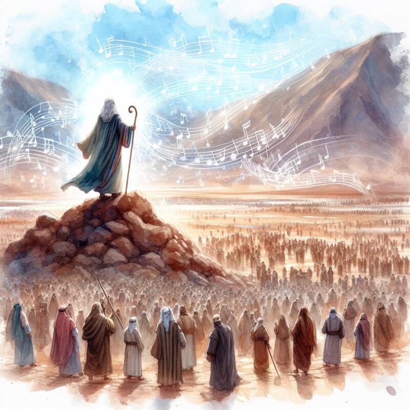 moses standing on a mountain in the desert with music swirling around his head and crowd of people in biblical dress down below all in watercolor style3