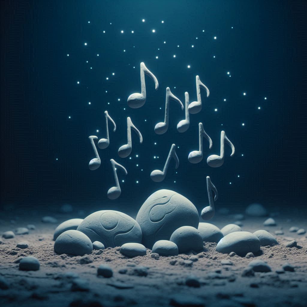 music notes rising from the stones
