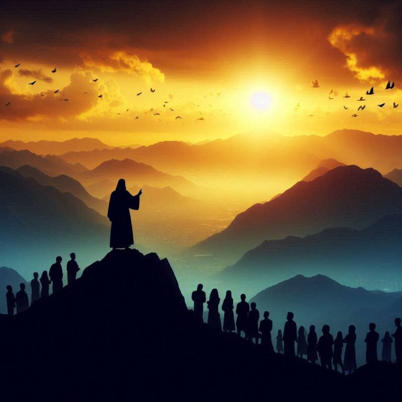 prophet isaiah giving a prophecy on a mountaintop at sunset
