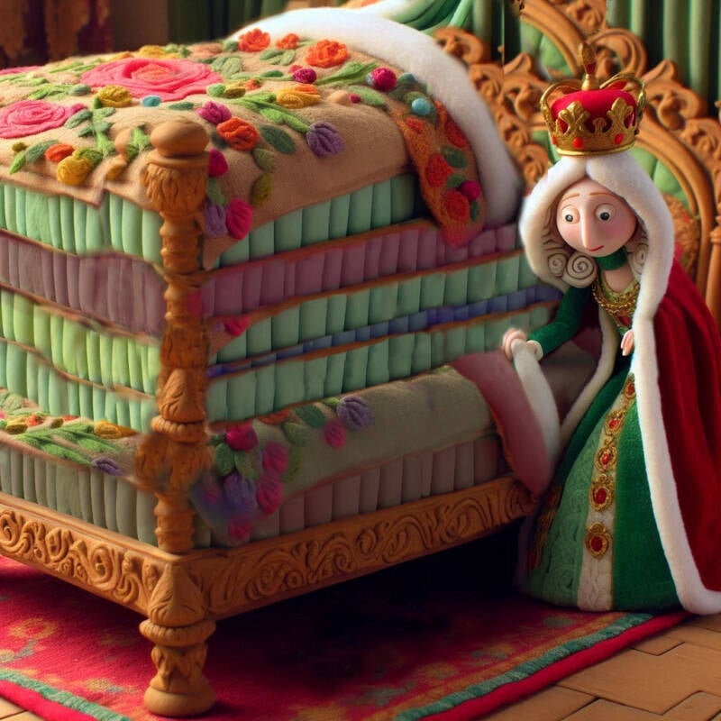 queen hiding pea in bed of matresses and covers quilts blankets princess and the pea fairytale