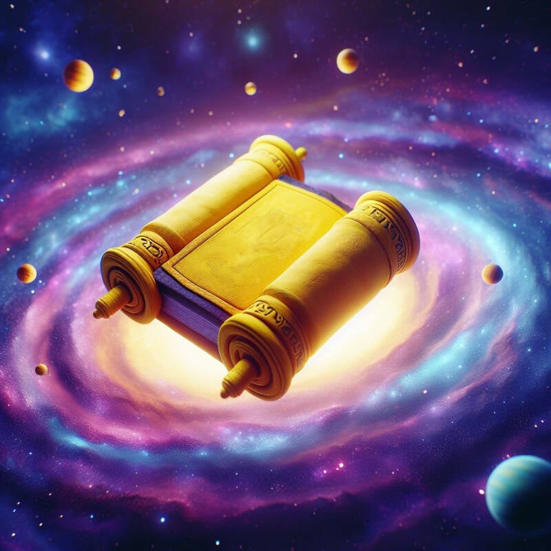 sefer toral scroll floating in outer space galaxy milky way gravity claymation