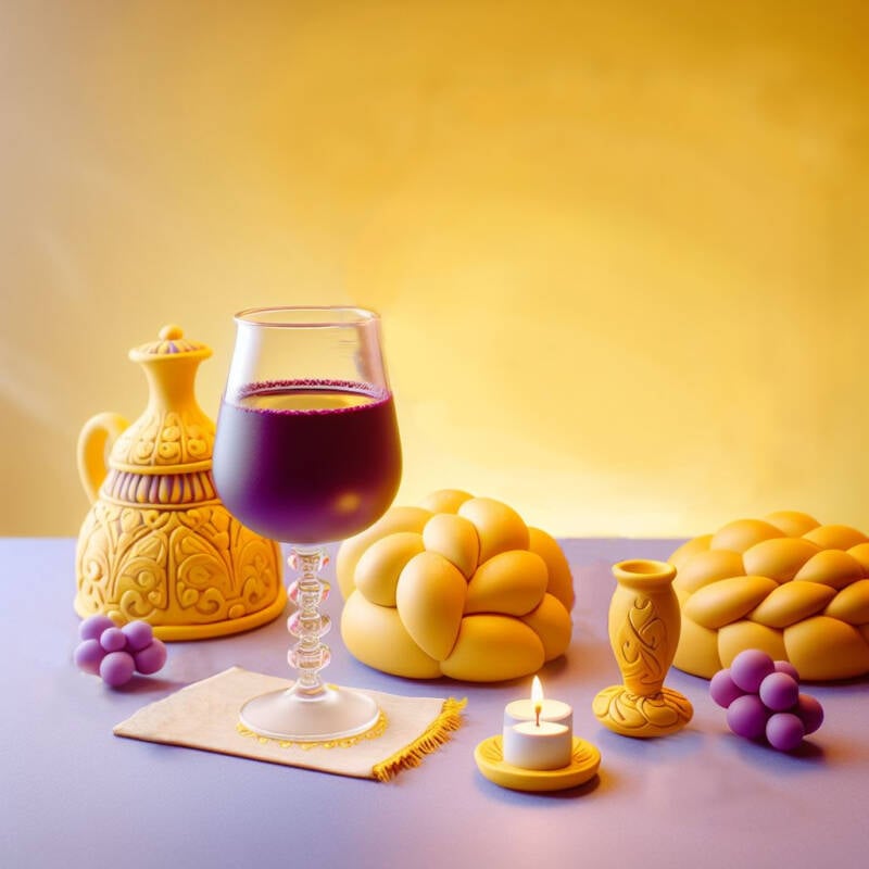 shabbat claymation scene of goblet of kiddush wine challah challot grapes shbbat candles table becher cup friday night