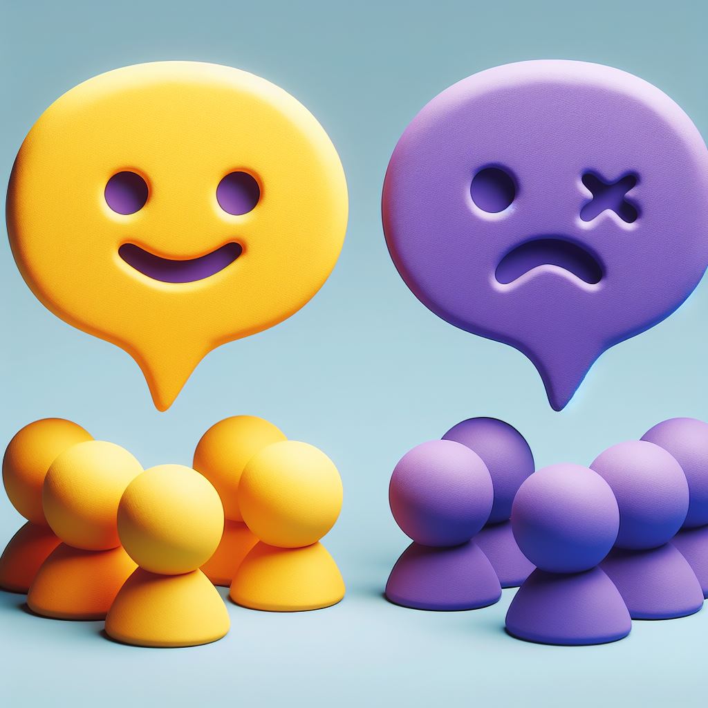 speech bubbles of positive and negative talk chatter gossip communication yellow and purple lashon hara lashon tov