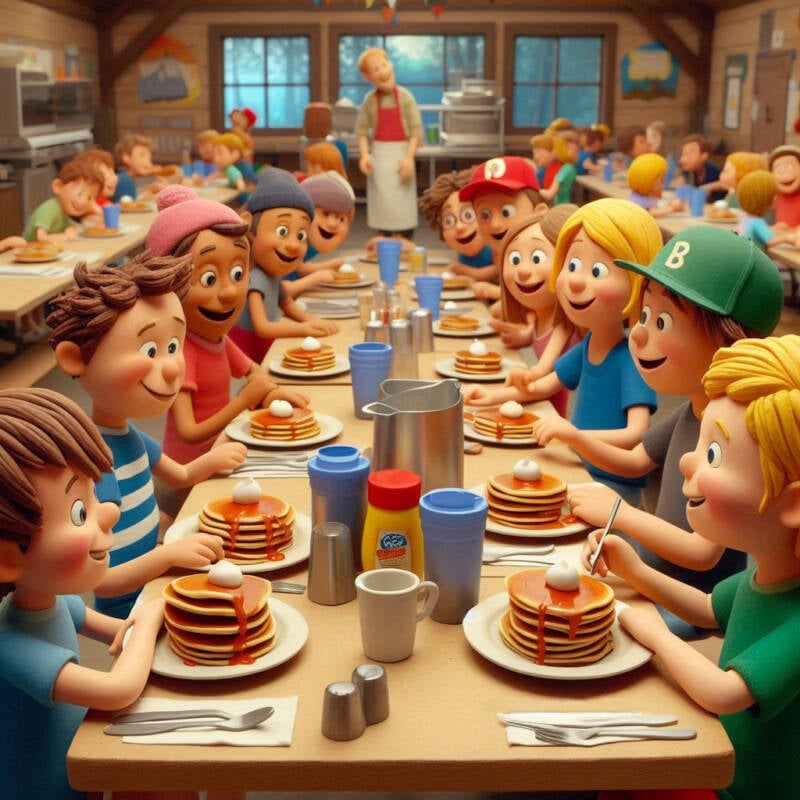 summer camp caferia lunchroom diner happy campers pancakes breakfast friends eating together