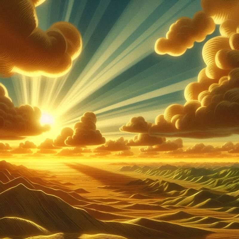 sunrise valleys mountains horizon and sunset with golden clouds illustration