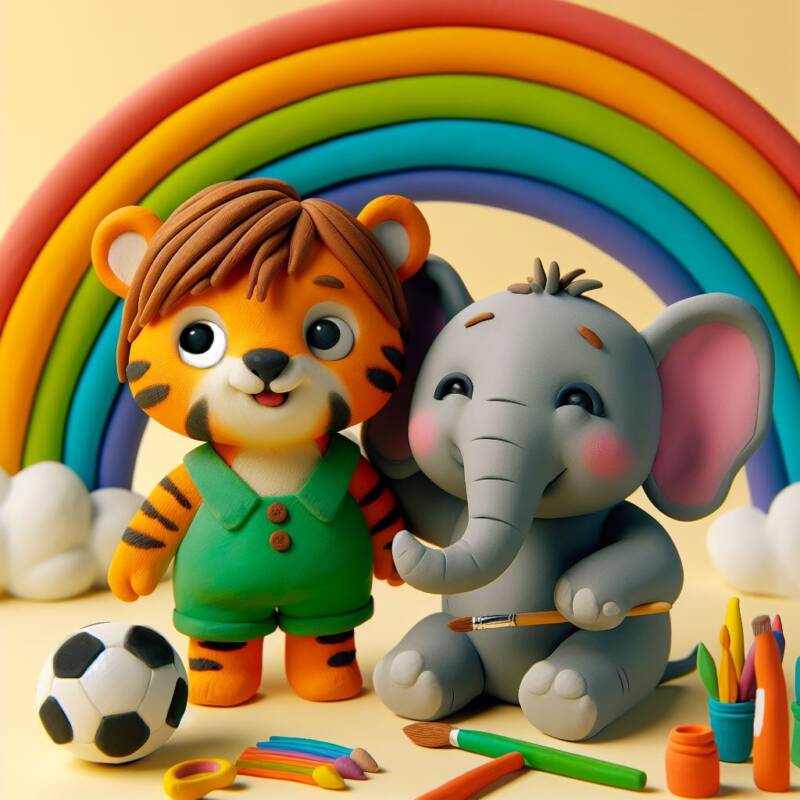 talya tiger eitan elephant claymation friends artist and soccer football player ball rainbow