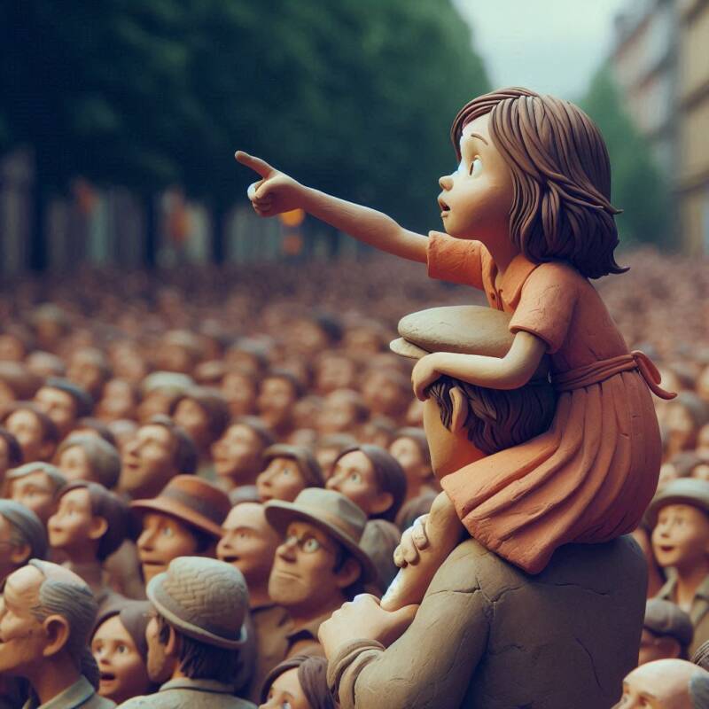 the emperors new clothes child spots the truth procession parade girl pointing on her fathers shoulders realisation8