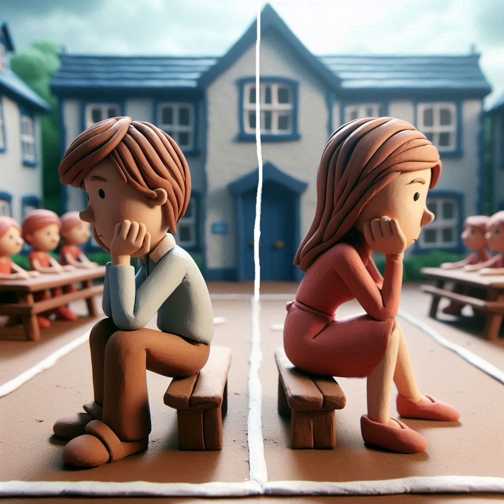 two friends dilemma school playground back to back thinking resolve