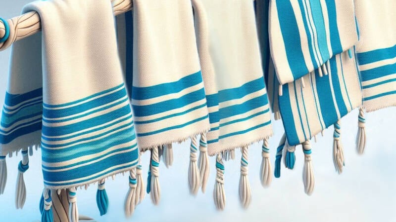 tzitzit four cornered garments hanging white and blue fringes tchelet claymation style tallit