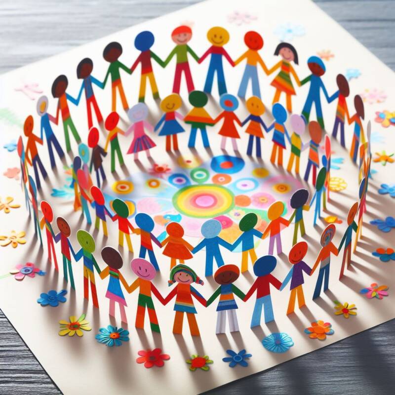 united and joyful community connected and strong and happy people jewish strength paper dolls stick men circles holding hands celebrating