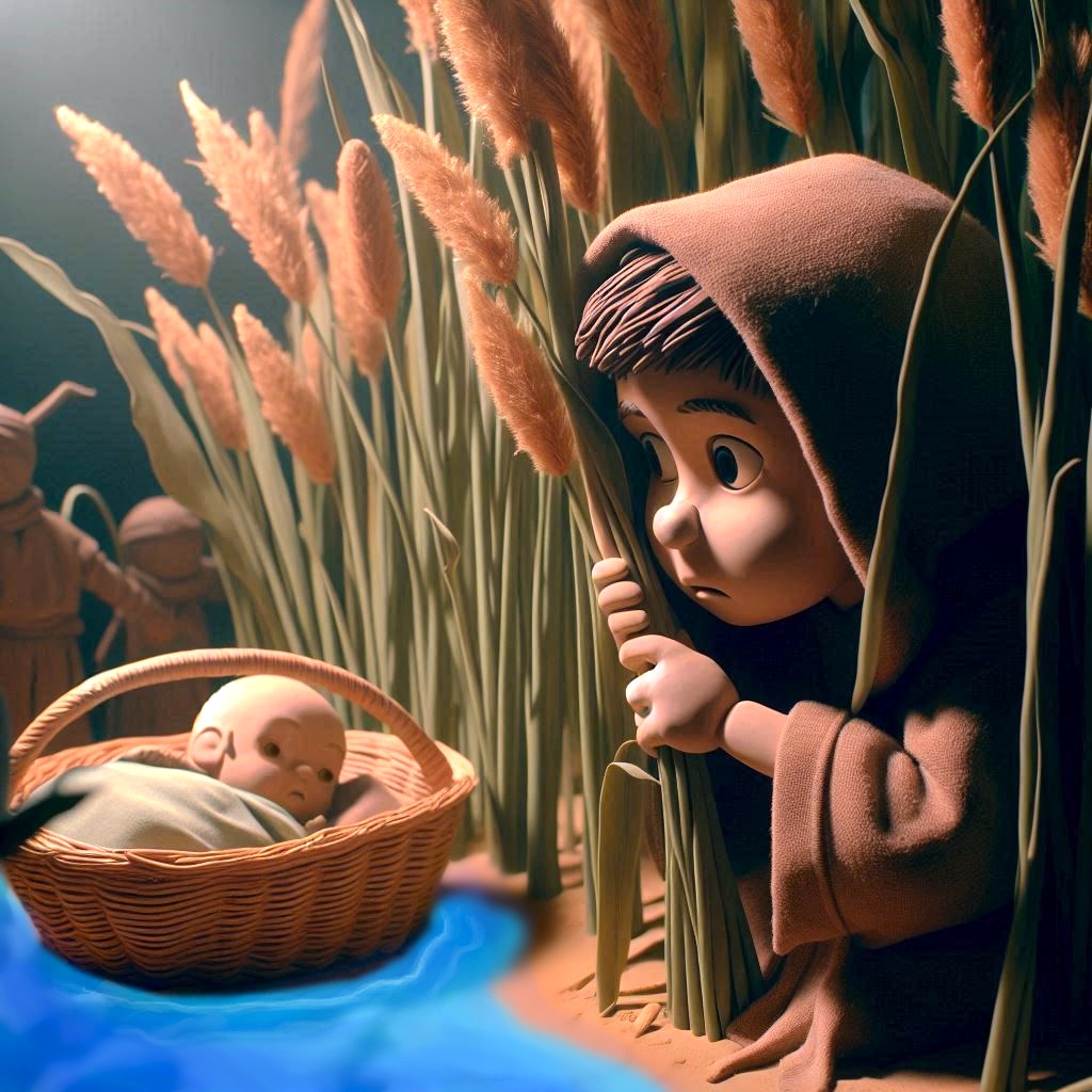 young miriam hiding in the bulrushes as baby moshe in the moses basket floats away onto the river nile sister safety bible scene
